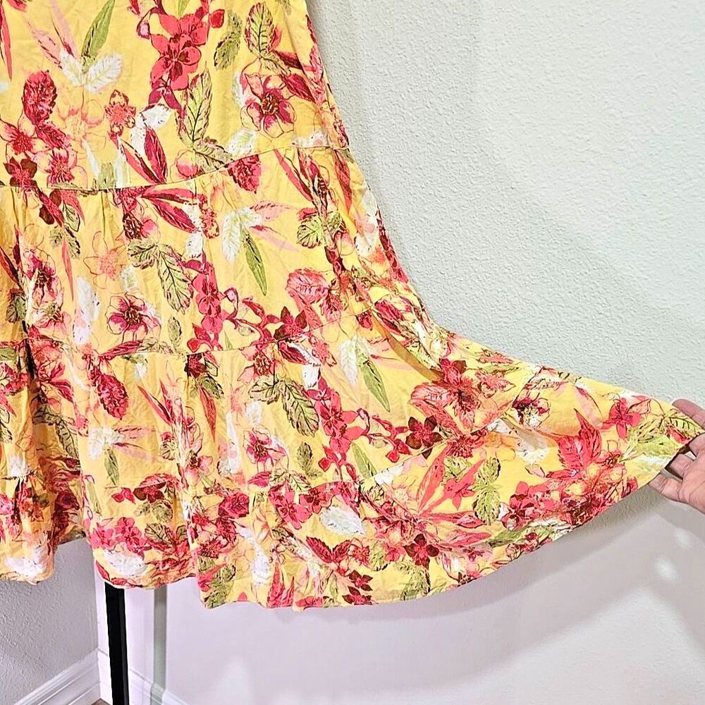 Yellow Floral Linen Blend Tiered Skirt 16 Boho Cottage Prairie Peasant Colorful